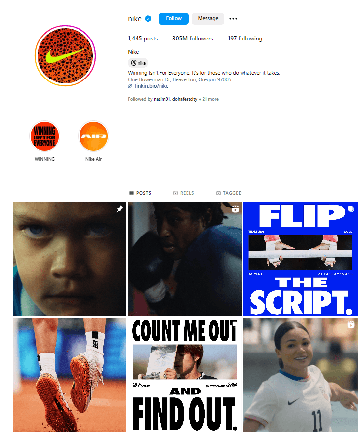 A screenshot showcasing Nike's consistent and engaging branding social media posts.