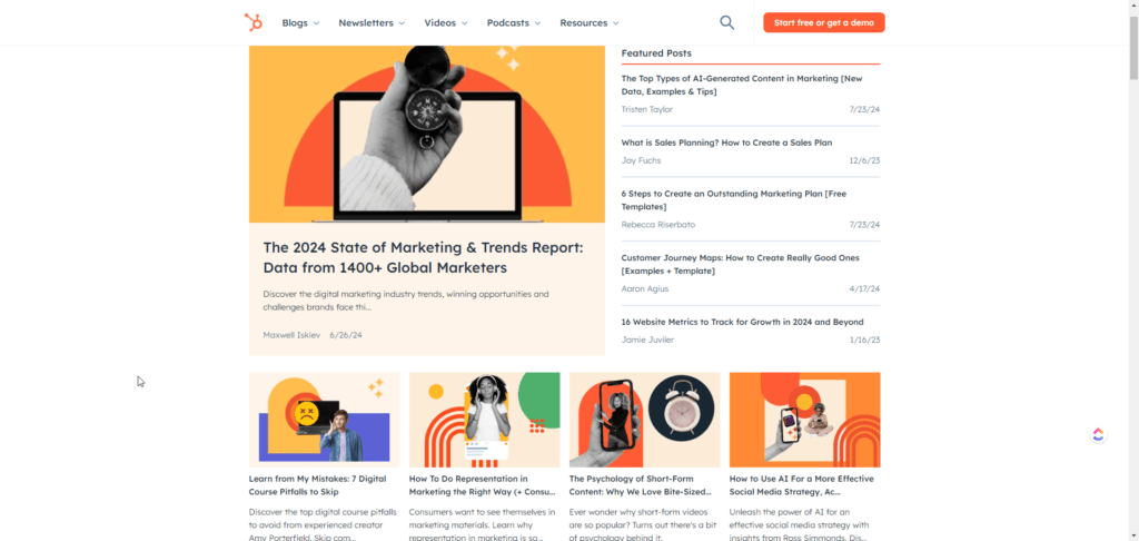 A screenshot of HubSpot’s blog showcasing their range of informative and engaging content and brand growth