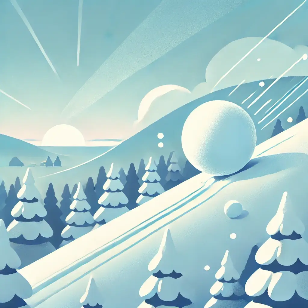 A small snowball growing larger as it rolls down a hill, symbolizing building momentum Small Steps in Branding and marketing